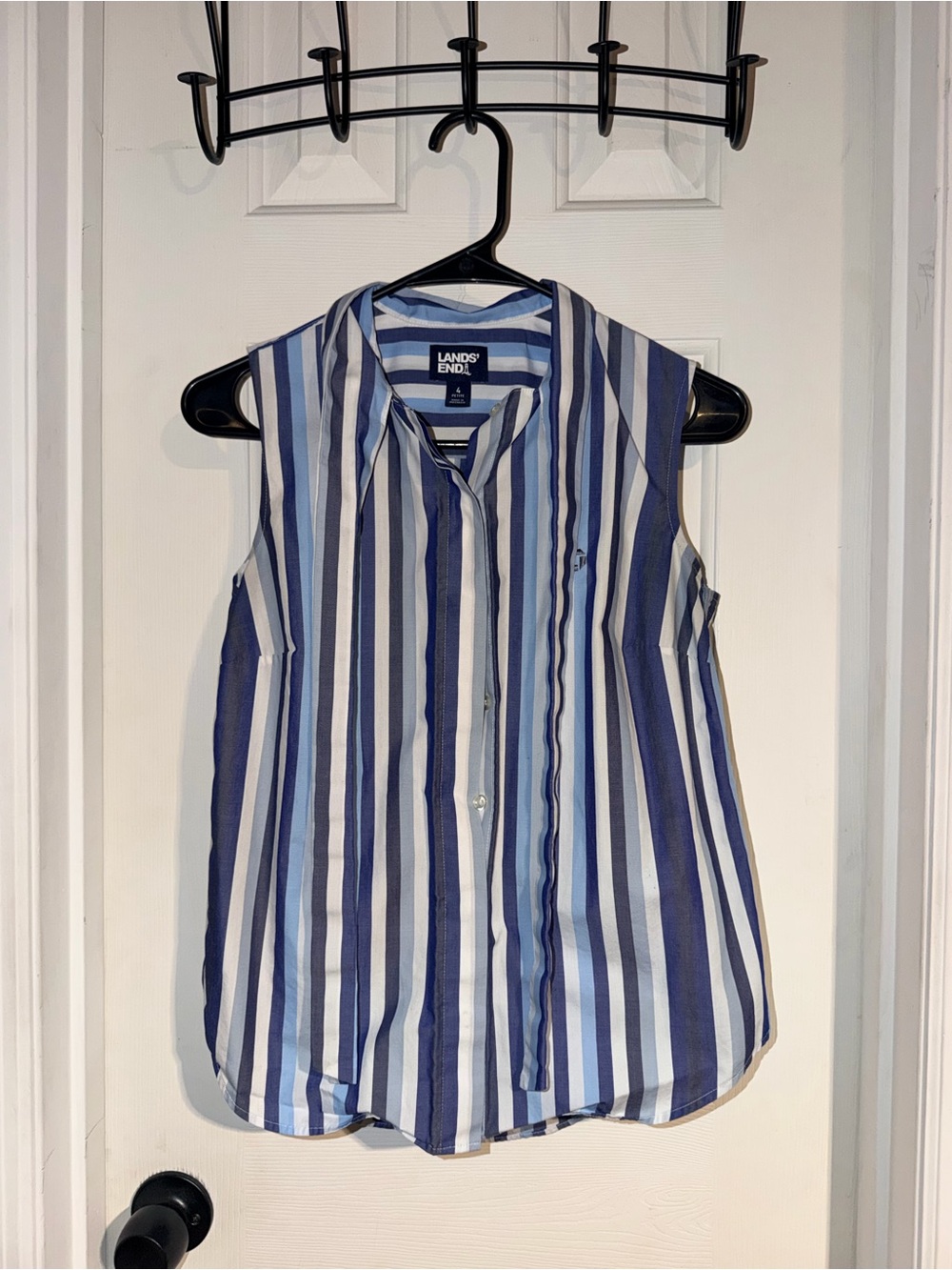 Lands' End Blue and White Striped Sleeveless Button-Down Shirt